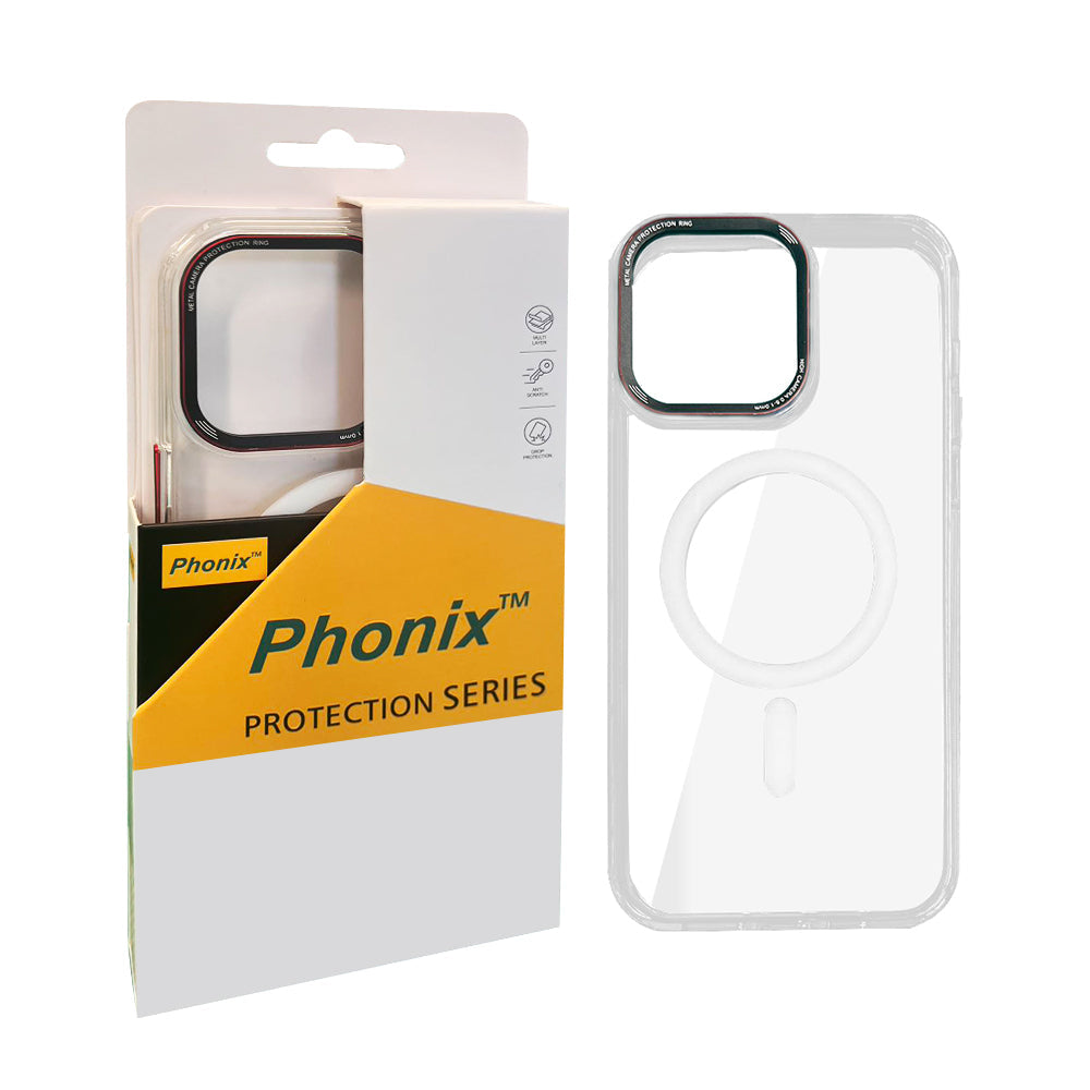 Phonix Case For iPhone 15 Plus Clear Armor Hard Case Magsafe With Metal Lens Protection Ring White