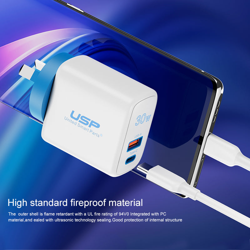 30W USB A + TYPE C PD Fast Wall Charger with 1M USB-C to Lightning White Cable USP