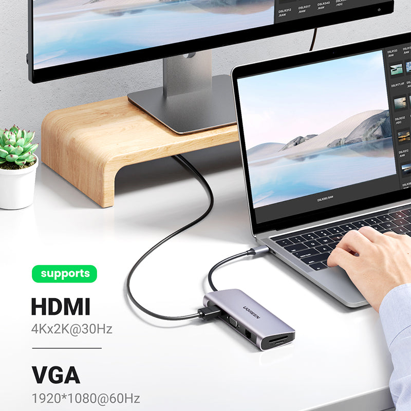 10-in-1 USB-C To 3*USB 3.0 A+HDMI+VGA+RJ45 Gigabit+SD/TF+AUX3.5mm+PD Hub Converter Ugreen