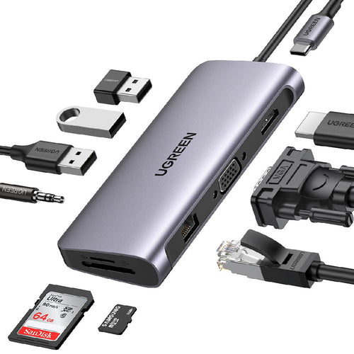 10-in-1 USB-C To 3*USB 3.0 A+HDMI+VGA+RJ45 Gigabit+SD/TF+AUX3.5mm+PD Hub Converter Ugreen