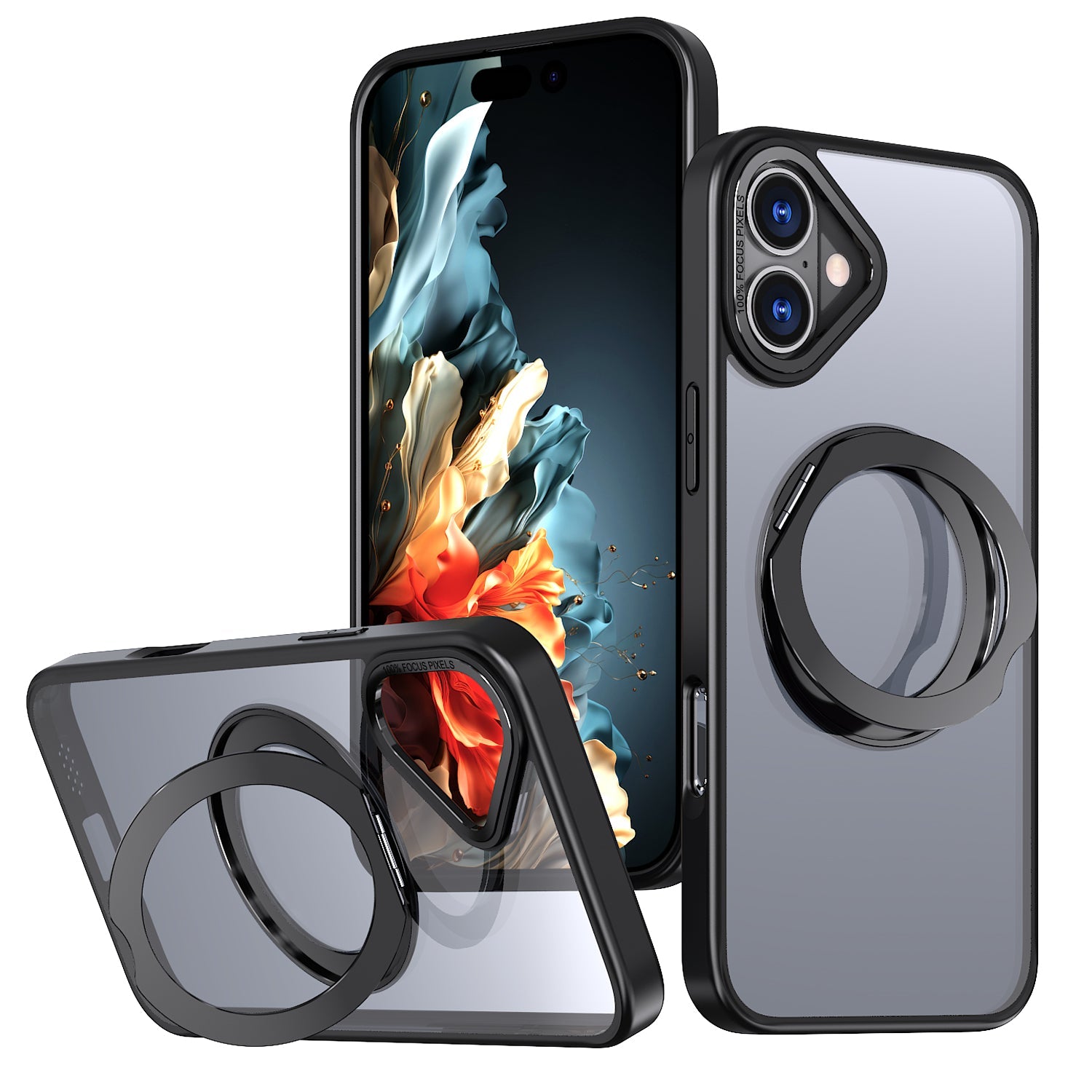 USP Black Case For iPhone 16 Plus 360° Rotatable Ring Stand Compatible With Magsafe