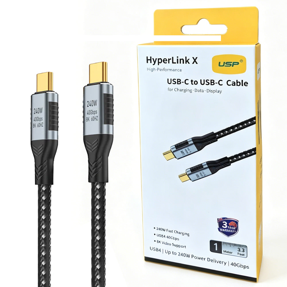 1M HyperLink X Thunderbolt 4 USB-C to USB-C Cable Charge & Video Black （USB 4 - 40Gbps, 240W, 8K/60Hz)