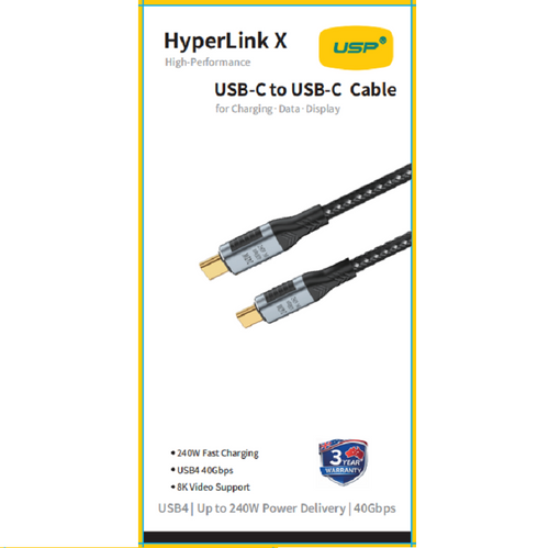 1.8M HyperLink X Thunderbolt 4 USB-C to USB-C Cable Charge & Video Black （USB 4 - 40Gbps, 240W, 8K/60Hz)