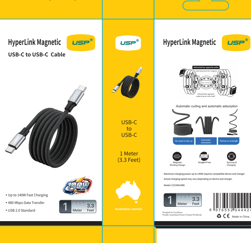 1M USP HyperLink Magnetic USB-C to USB-C Cable Charge Black 140W