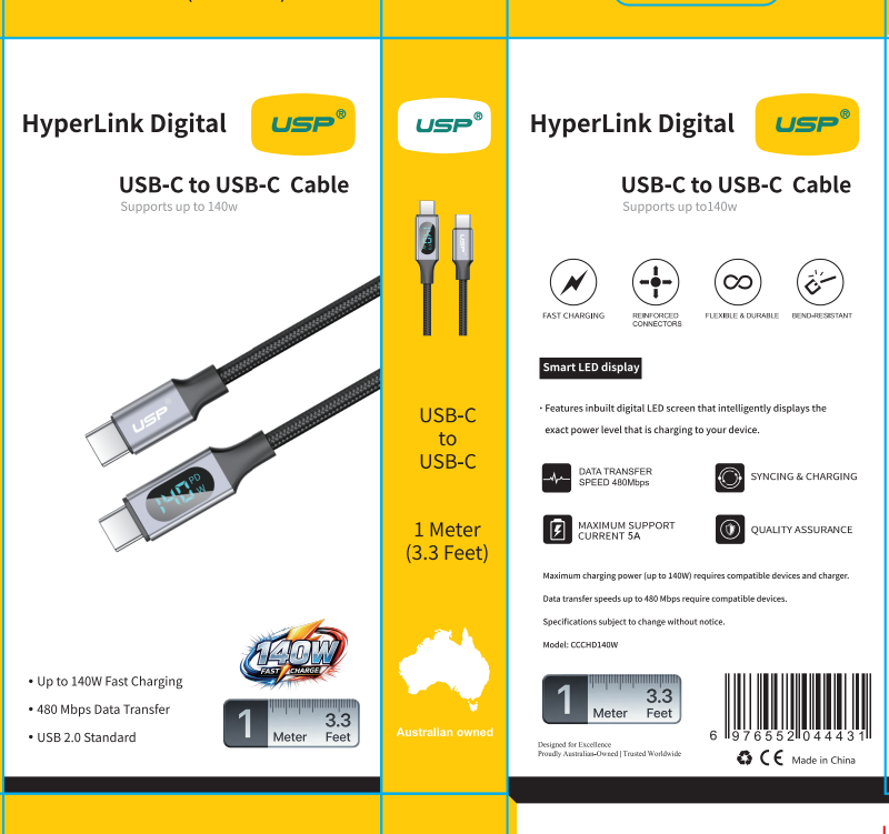 1M HyperLink Digital display USB-C to USB-C Cable Charge & Connect Black 140W USP
