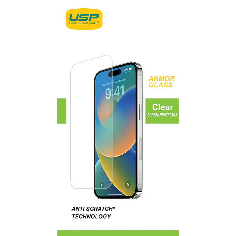 USP Clear Armor Glass Screen Protector For iPhone 16 Plus / 15 Plus / 15 Pro Max (1 Piece/Box)