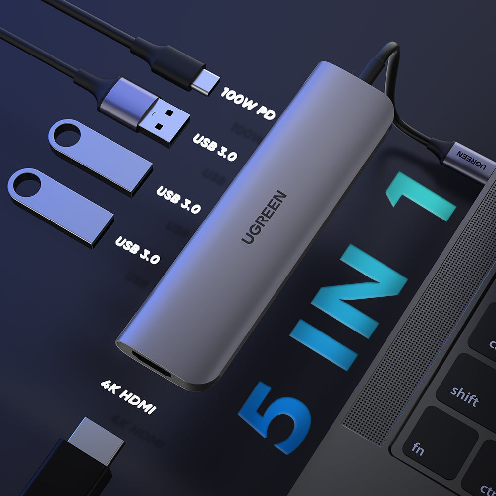 5 in 1 USB-C To HDMI+3*USB 3.0 A+PD Power Converter hub Ugreen