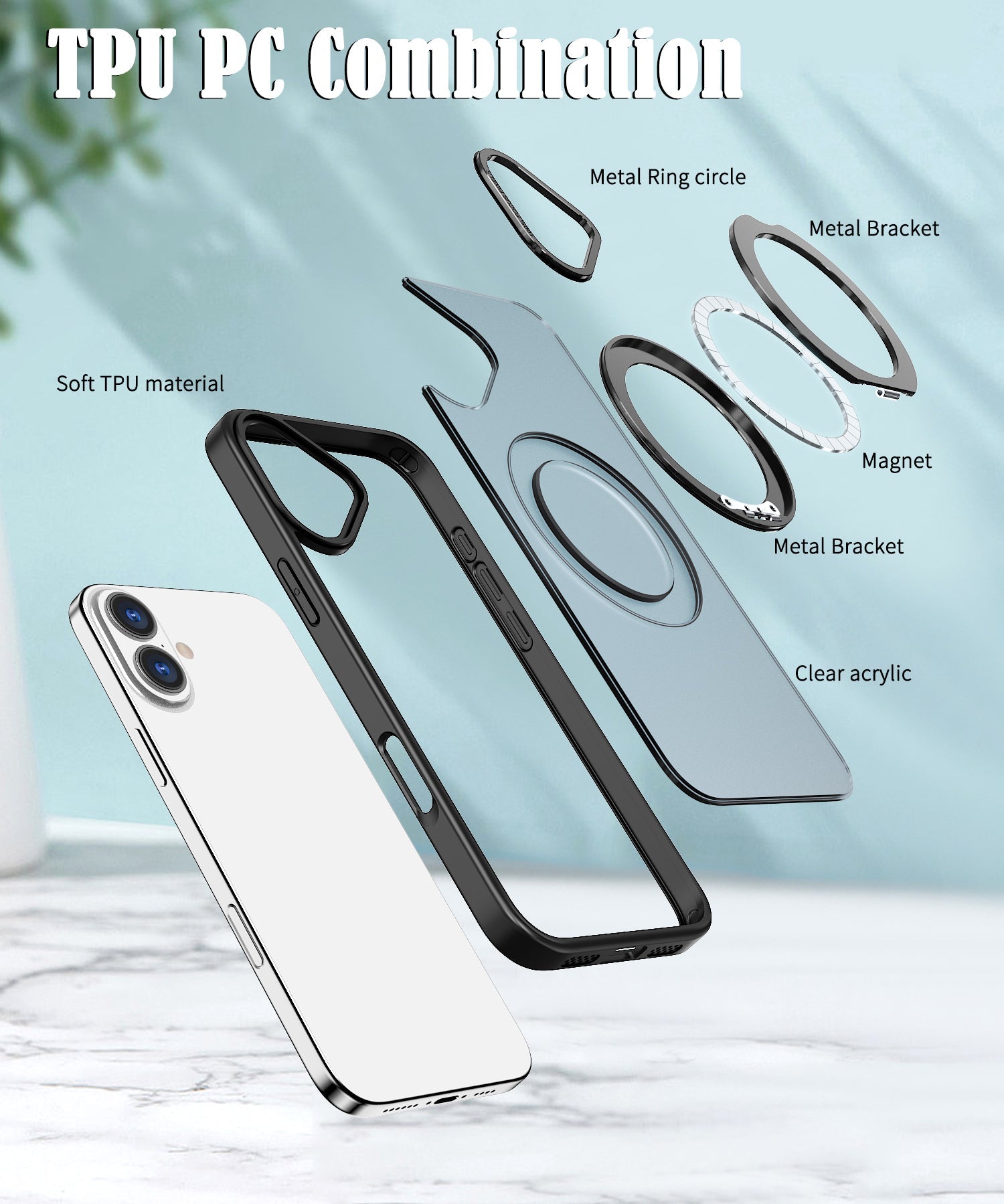 USP Black Case For iPhone 16 Plus 360° Rotatable Ring Stand Compatible With Magsafe