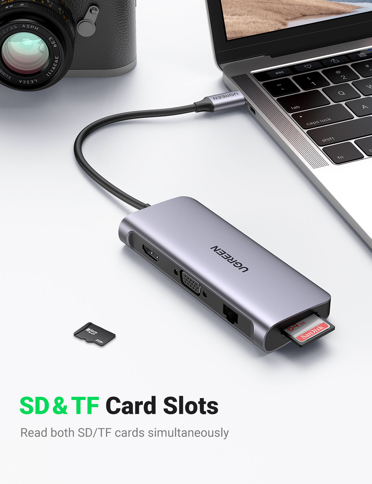 10-in-1 USB-C To 3*USB 3.0 A+HDMI+VGA+RJ45 Gigabit+SD/TF+AUX3.5mm+PD Hub Converter Ugreen