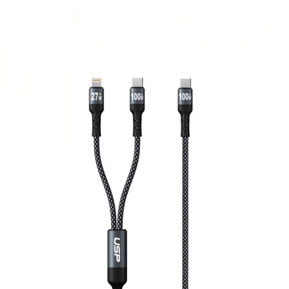 2 in 1 USB-C to Lighting + USB-C  Super Fast Charging Cable 100W  Nylon Braided Cable 1.2M USP