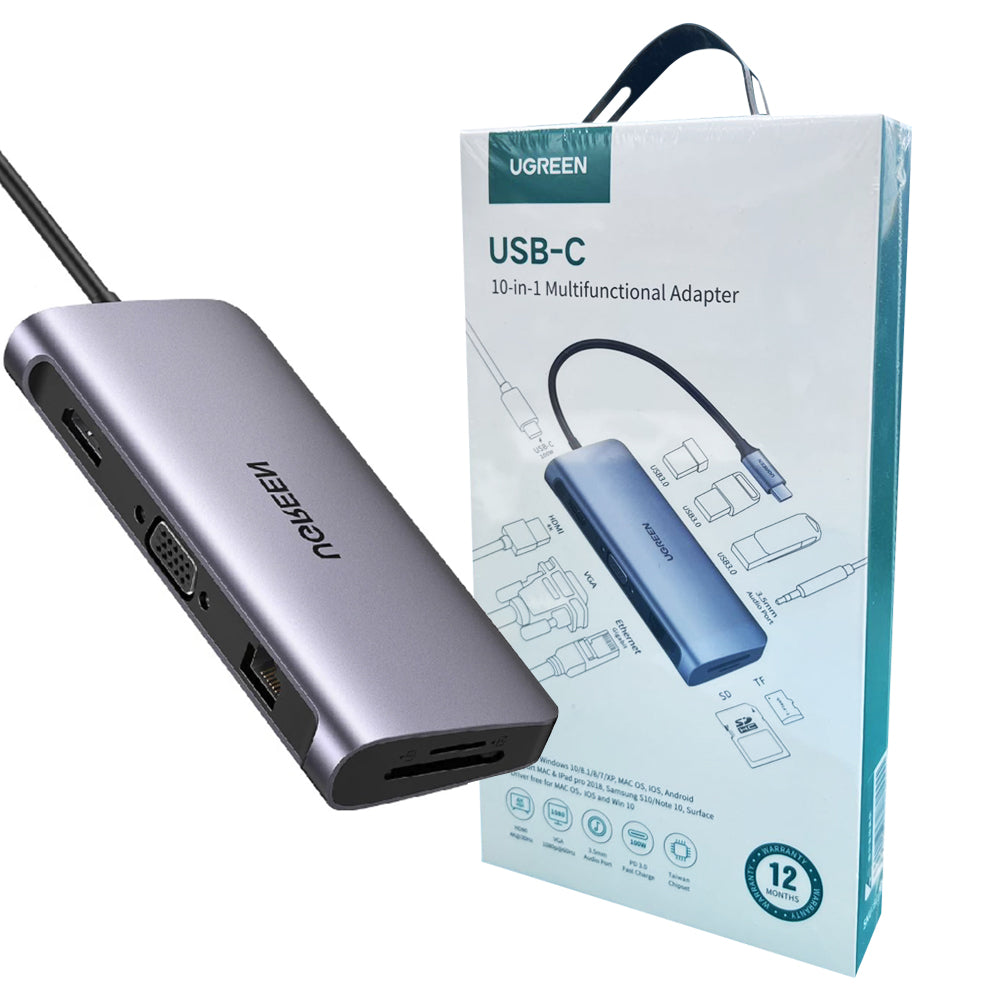 10-in-1 USB-C To 3*USB 3.0 A+HDMI+VGA+RJ45 Gigabit+SD/TF+AUX3.5mm+PD Hub Converter Ugreen