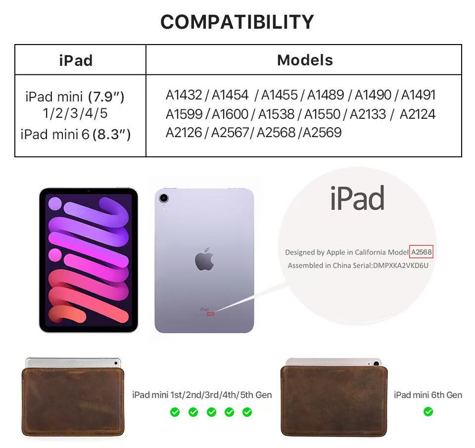 Genuine Leather iPad Sleeve for iPad Mini (7.9") (5th/4th/3rd/2nd/1sth Gen) / iPad Mini (8.3") (6th Gen) Case