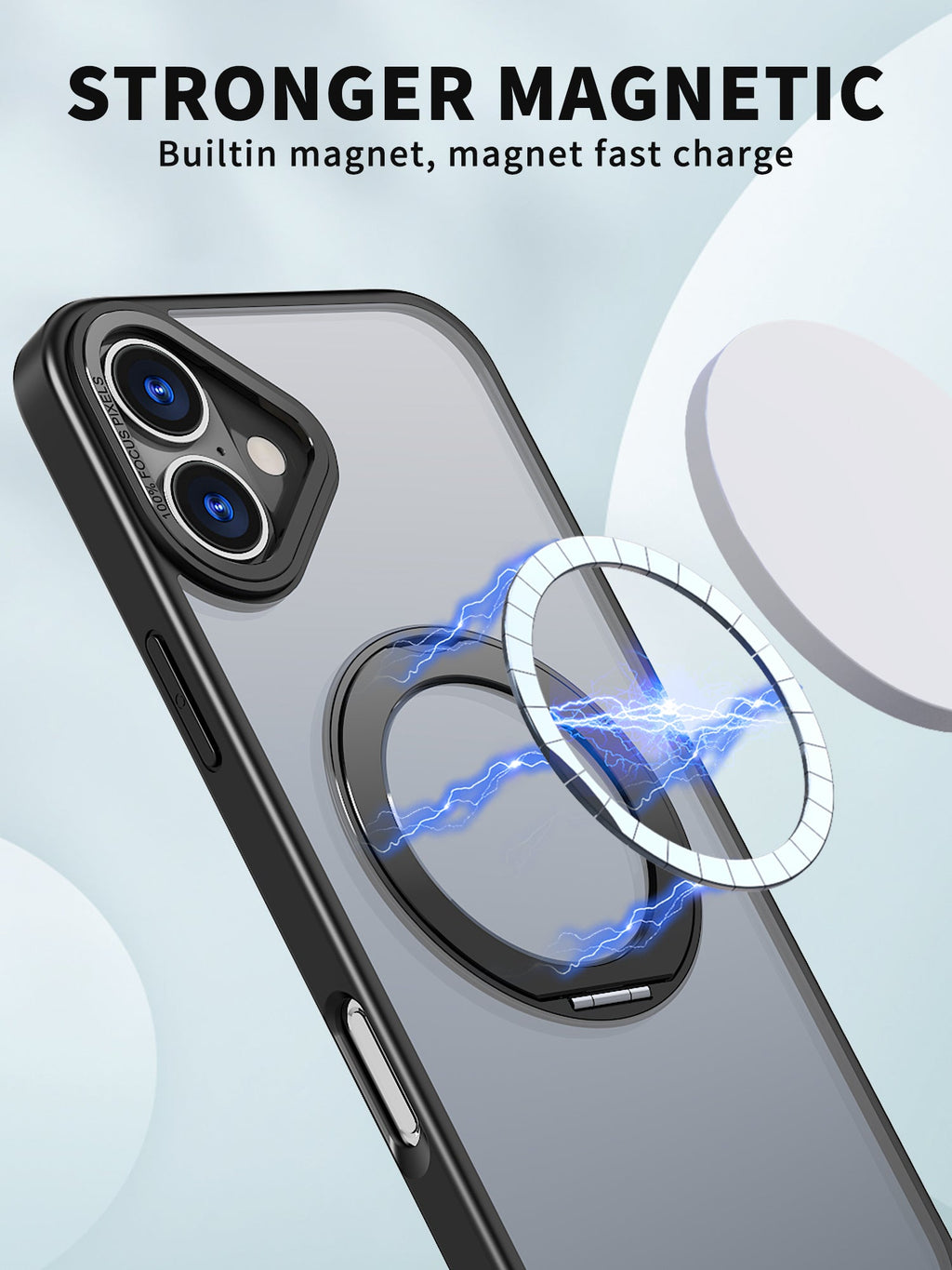 USP Black Case For iPhone 16 Plus 360° Rotatable Ring Stand Compatible With Magsafe