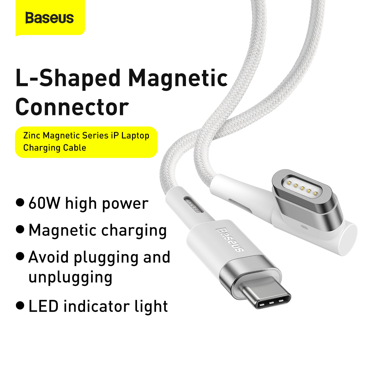 Baseus Zinc Magnetic Series iP Laptop Charging Cable Type-C to L-shaped Port 60W 2m White