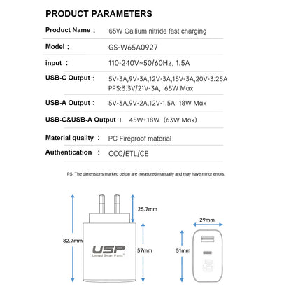 65W GaN 2 Ports USB-C PD Super Fast Laptop Wall Charger USP 2 Years Warranty