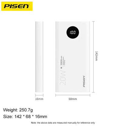 Fast Charge Dual USB Output Power bank 20W 10k (10500)mah LED Display White PISEN