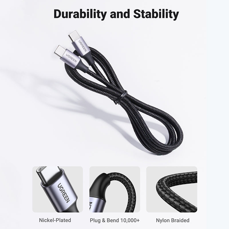 2M 60W USB-C  To USB-C  4A Data Cable Aluminum Nylon Braid Grey+ Black Ugreen