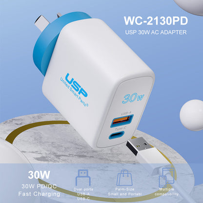 30W USB A + TYPE C  PD Fast Wall Charger with 1M USB-C to Lightning White Cable USP