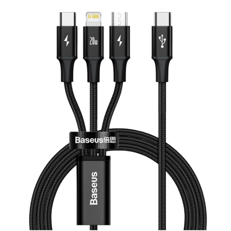 3 in 1 Baseus Rapid Series Fast Charging Data Cable Type-C to C+L+C PD 20W 1.5m Black