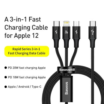 3 in 1 Baseus Rapid Series Fast Charging Data Cable Type-C to C+L+C PD 20W 1.5m Black