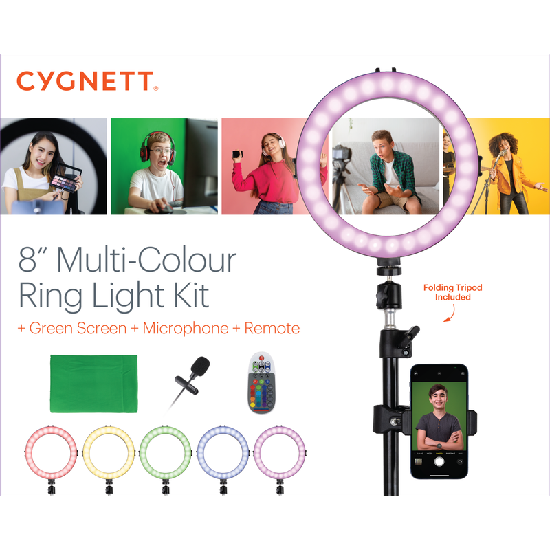 Cygnett 8‘’ RGB Ring Light Kit - Green Screen, Microphone & Remote