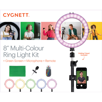 Cygnett 8‘’ RGB Ring Light Kit - Green Screen, Microphone & Remote