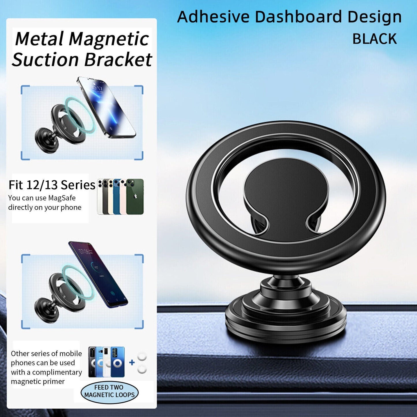 2 in 1 Magnetic Car Airvent & Dashboard Mount for iPhone Compatible with Magsafe Black