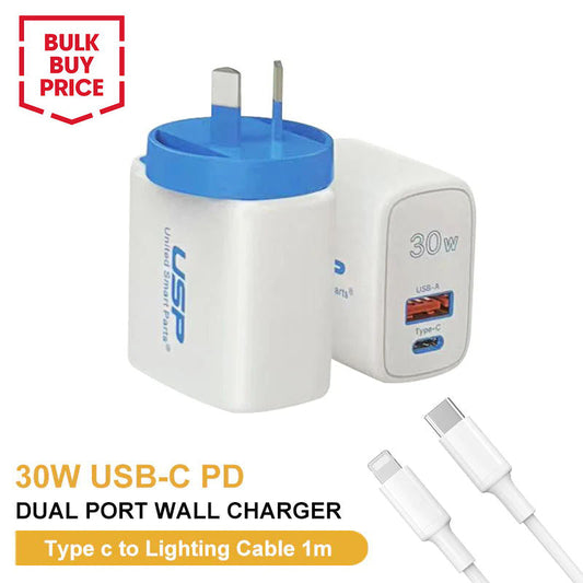 30W USB A + TYPE C  PD Fast Wall Charger with 1M USB-C to Lightning White Cable USP